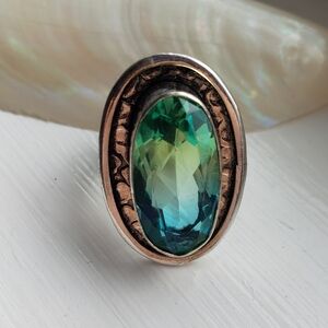 Nwot Tourmaline Blue/green Ring 925 Stamped, Nice Silver, Sz 6 Spectacular Color